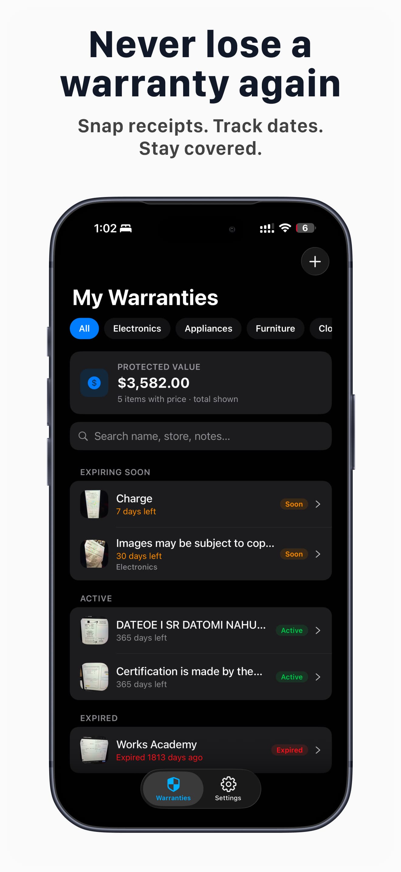 ReceiptSnap: Warranty overview and list in ReceiptSnap (1 of 12)